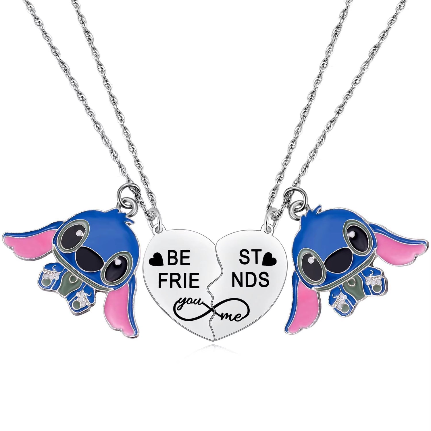 2PCS Best Friends Stitch Matching Heart Pedant Necklace Stainless Steel Necklace Cute Jewelry for Friends and Sister